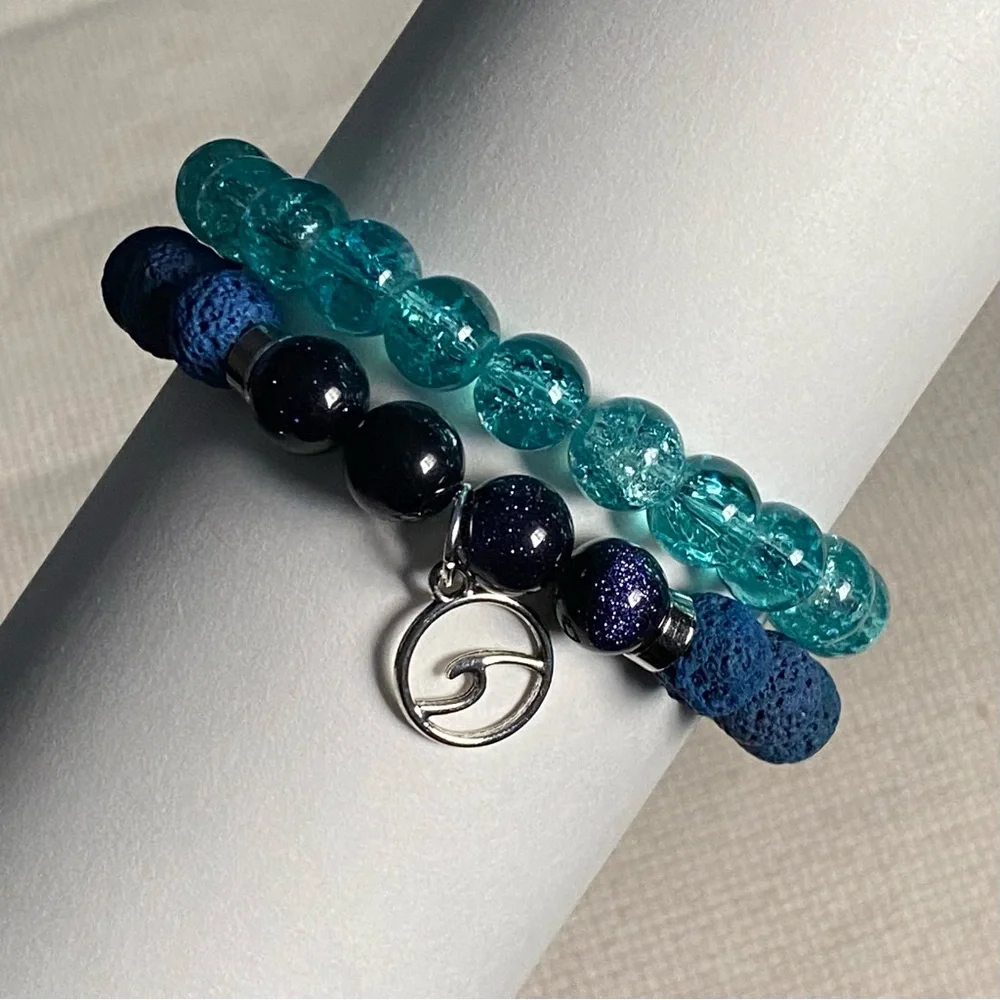 Gemstone Bracelet: Lava Stone + Blue Goldstone + Crackled Glass + Wave Charm - Picture 7 of 9